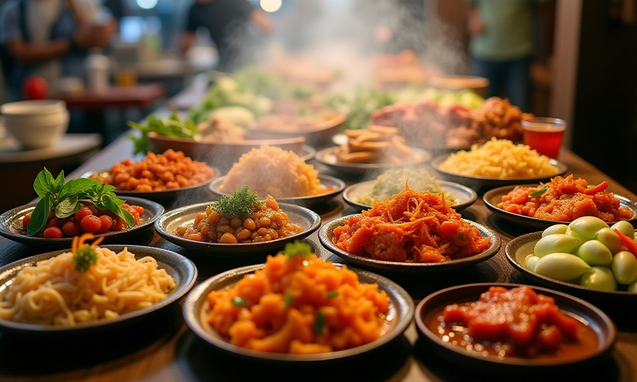 A vibrant spread of various Singaporean hawker dishes