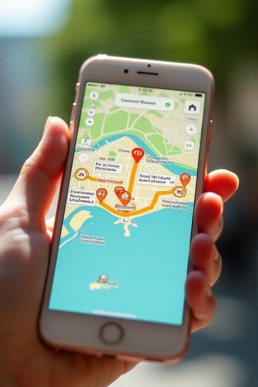 App screen showing a food trail on a map of Singapore