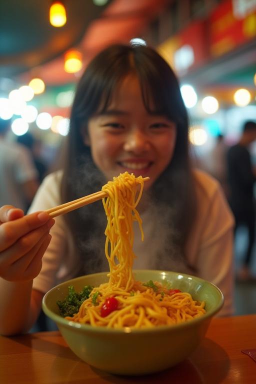Person happily eating a bowl of noodles at a hawker centre