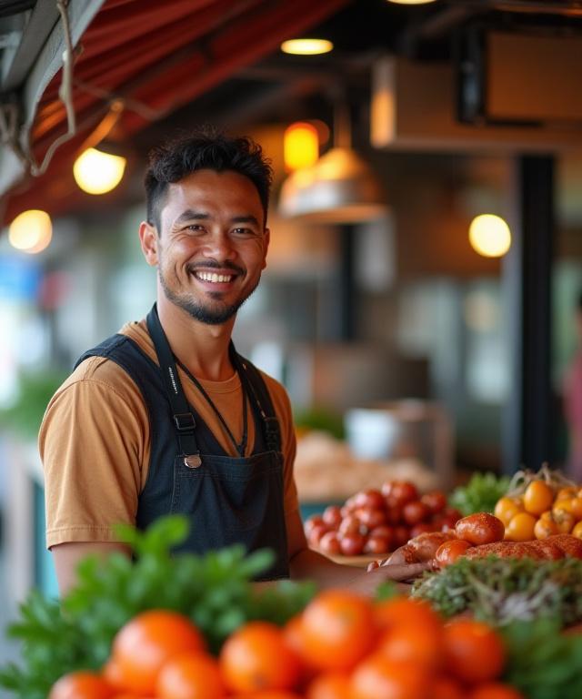 A smiling hawker stall owner at their storefront